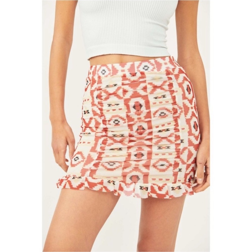 Free People Romi Ruched Mini Skirt Ikat Print Ruffle Hem Bodycon Size S
